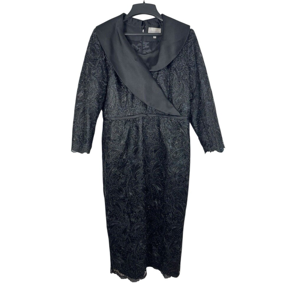 Lily & Taylor Black Lace Formal Dress Women’s 6 Satin Shawl Collar Midi Evening